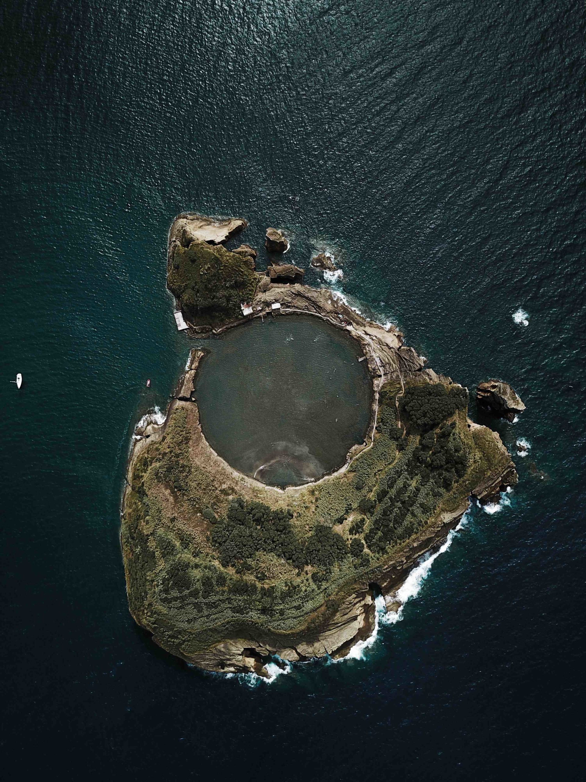 Aerial photo of volcanic island in the Azores