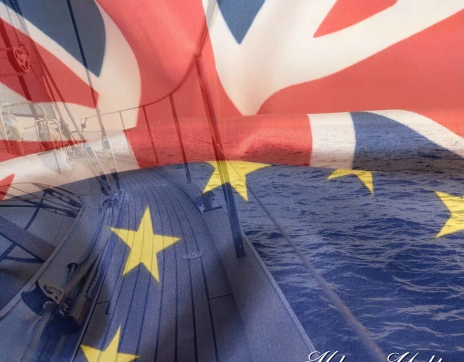 EU and UK Flag merged with yacht on delivery in the background