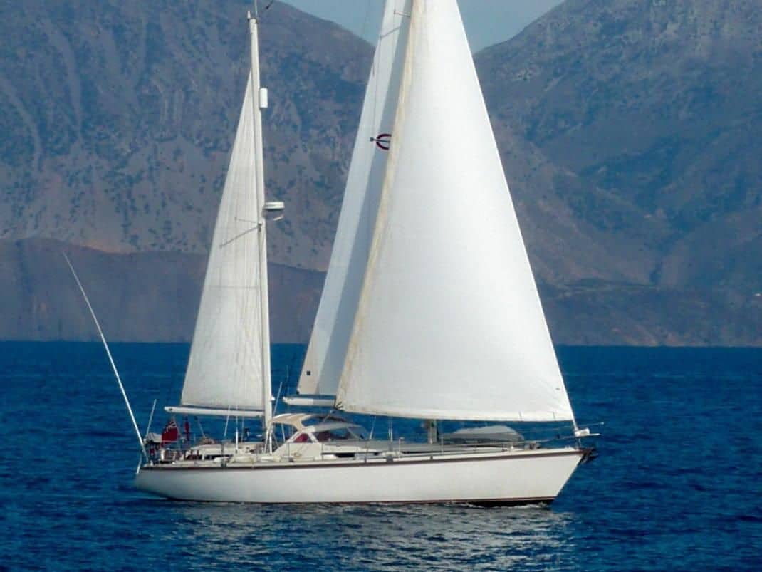 An Amel Super Maramu yacht sailing on delivery to Antigua