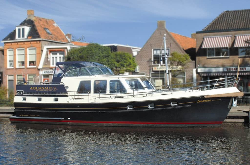 An Aquanaut Drifter motoryacht moored and ready for delivery to Holland