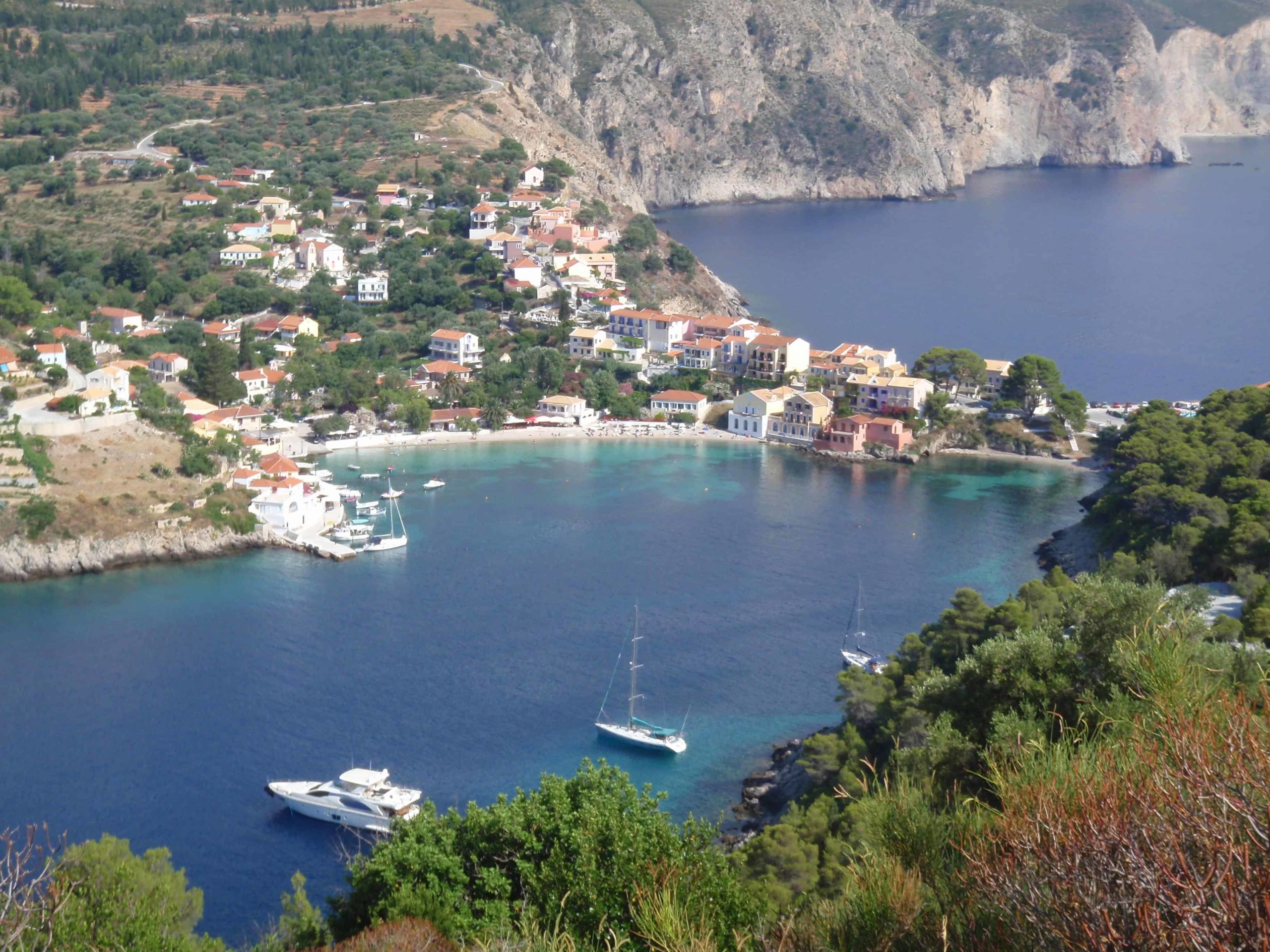 Looking down at the yachts in Assos bay