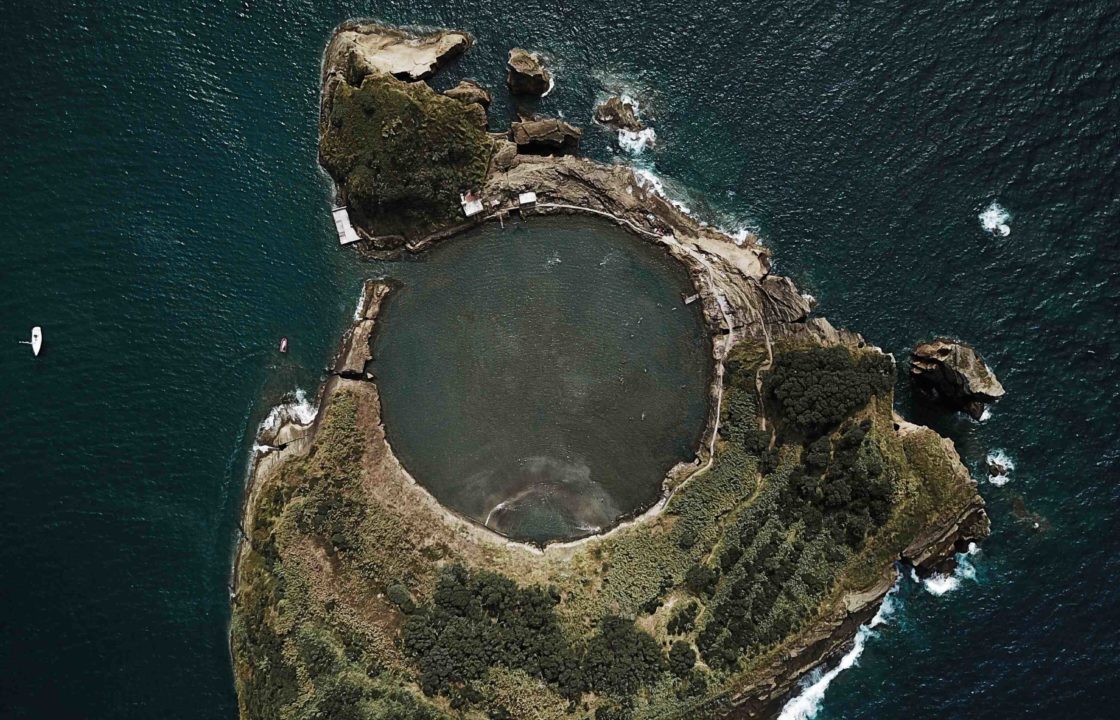Aerial photo of volcanic island in the Azores