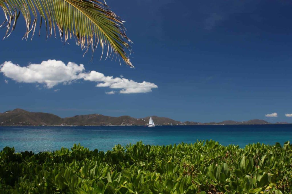 A lone sailing yacht on the blue seas of the BVI's - Caribbean.