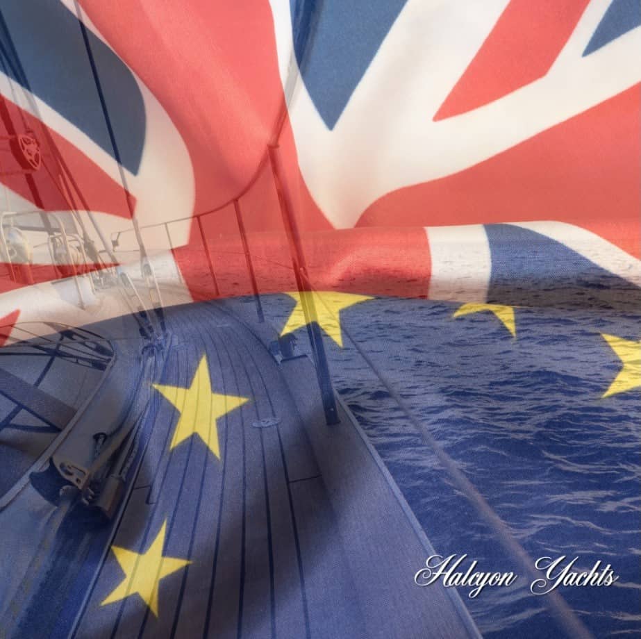 EU and UK Flag merged with yacht on delivery in the background