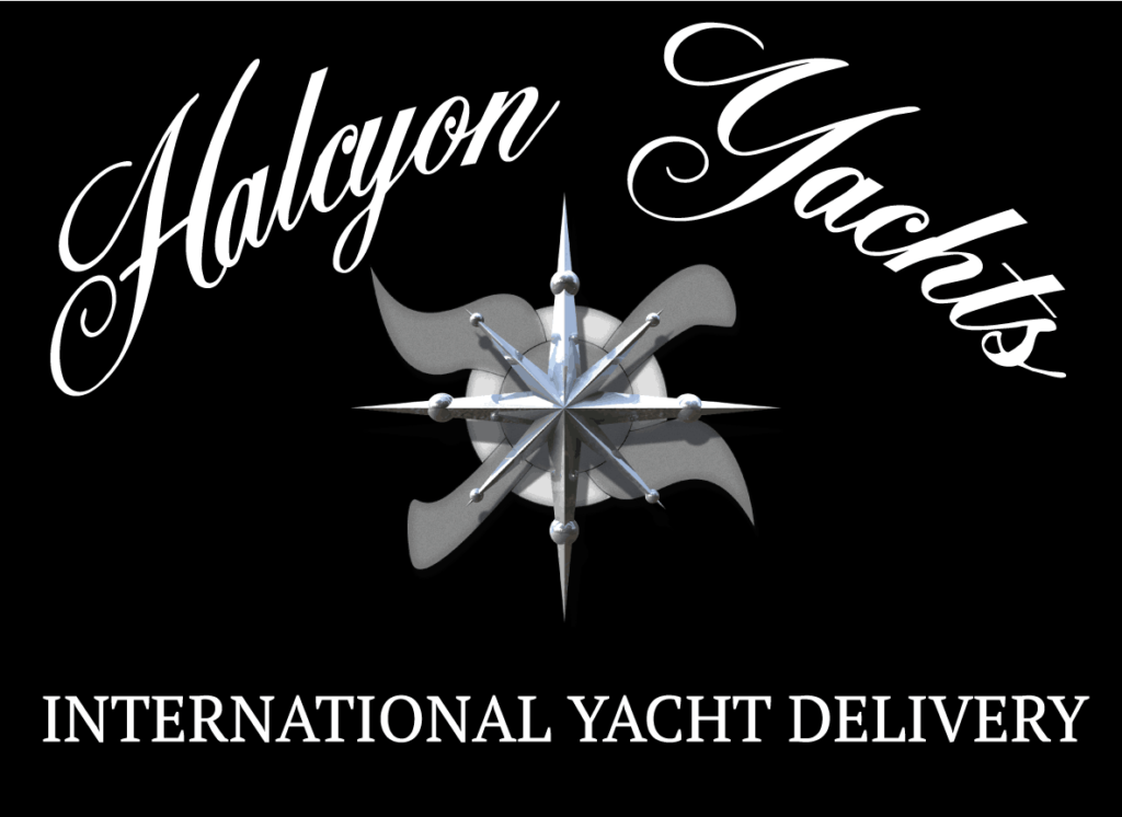 A logo for halcyon yachts. White writing on a black background. International yacht delivery.