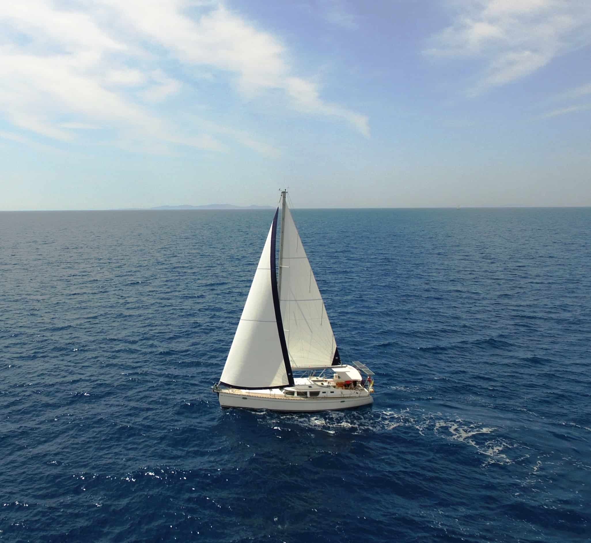Yacht on delivery under full sail to Turkey.