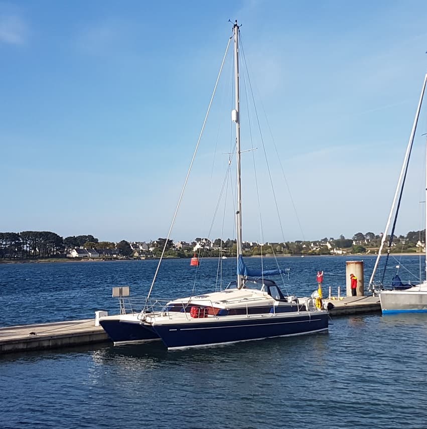 A Prout Snowgoose Elite catamaran moored up during the yacht delivery from Les Sables to Brighton.