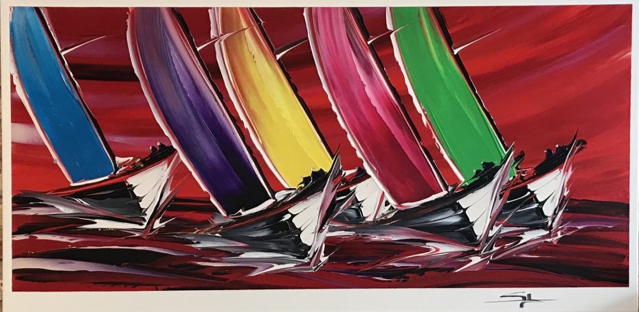 Abstract and colourful painting of 5 yachts
