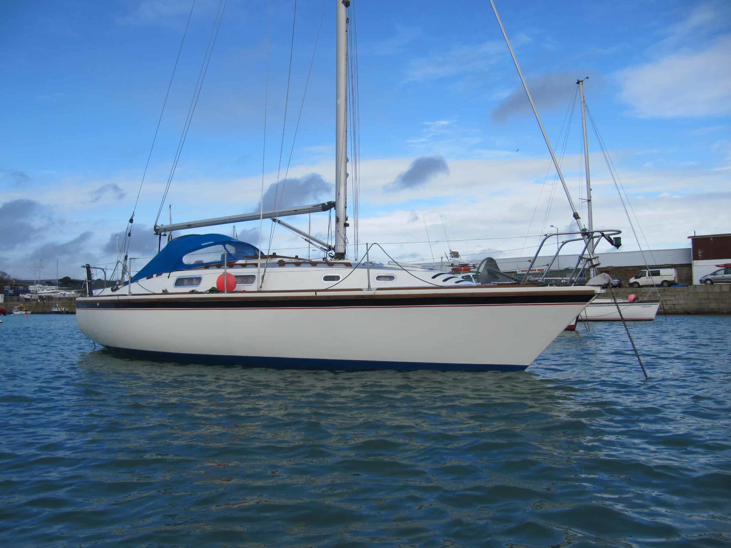 A Westerly Fulmar yacht moored and ready for delivery to Spain.