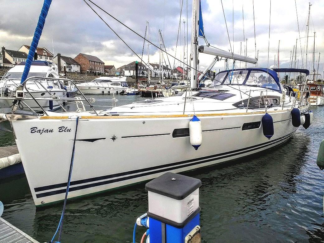 Jeanneau 42 DS yacht moored up in Falmouth ready to sail on delivery to Portugal.