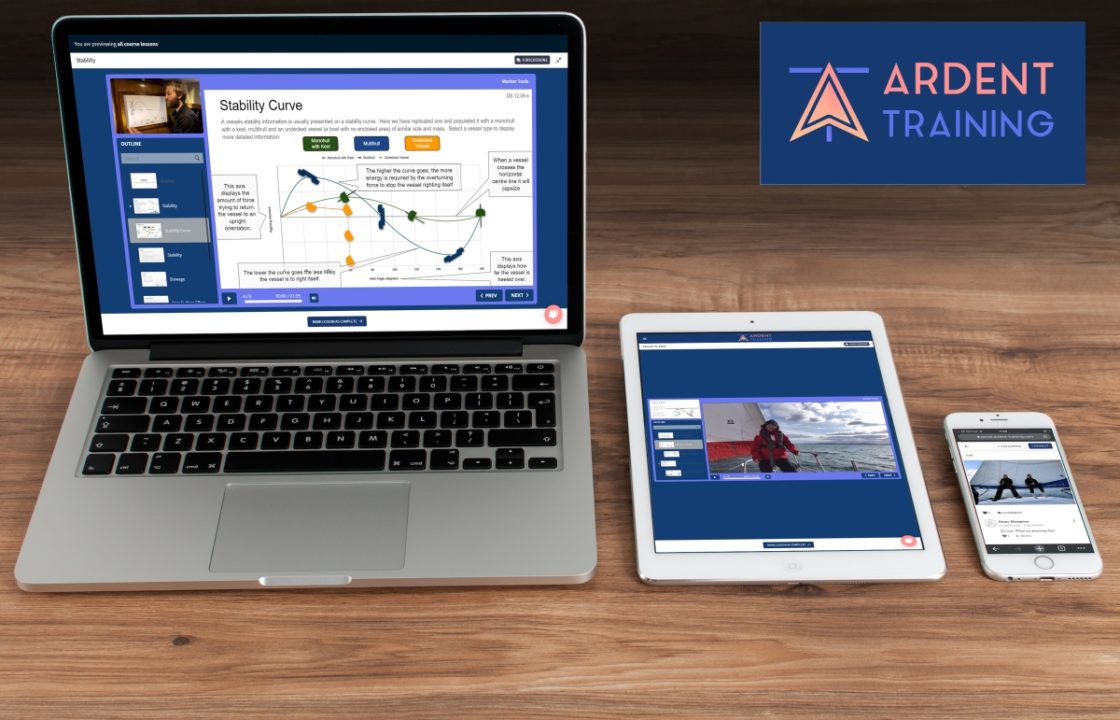 Ardent Training RYA online training course as shown on a laptop, tablet and mobile phone.