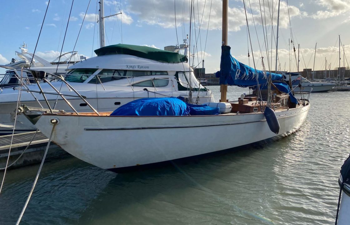 53ft Knud Reimers classic wooden yacht moored up and ready for delivery to Bursledon.
