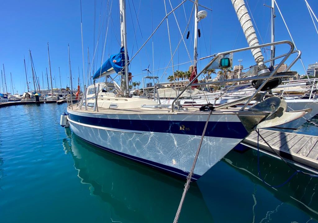 Hallberg Rassy 36 moored up and ready for delivery from Tenerife to A Coruna.