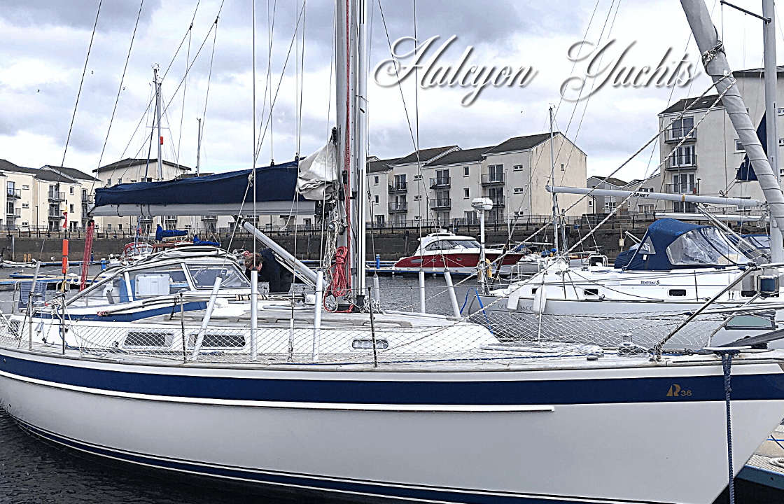 Hallberg Rassy 36 moored up in Ardrossan, ready for delivery to Portsmouth