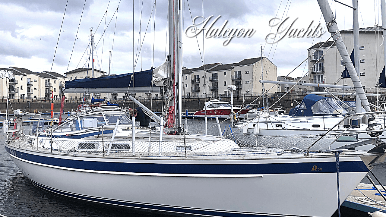 Hallberg Rassy 36 moored up in Ardrossan, ready for delivery to Portsmouth