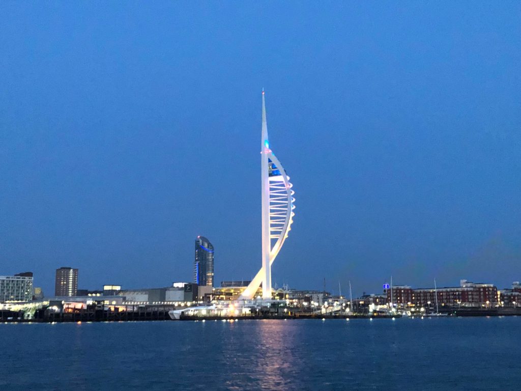Spinnaker Tower, Portsmouth, with fading light but clear skies.