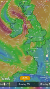 screen shot of a weather forecast showing very strong winds.