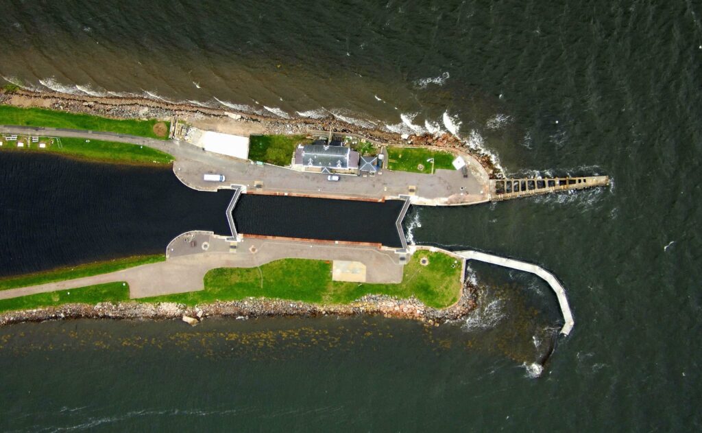 Aerial view of Clachnaharry sea-lock - Caledonian Canal