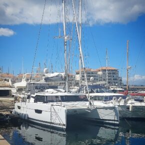 Fountaine Pajot Elba 45 catamaran moored up in Gibraltar after the delivery from the UK.