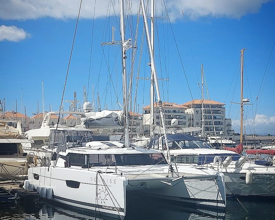 Fountaine Pajot Elba 45 catamaran moored up in Gibraltar after the delivery from the UK.