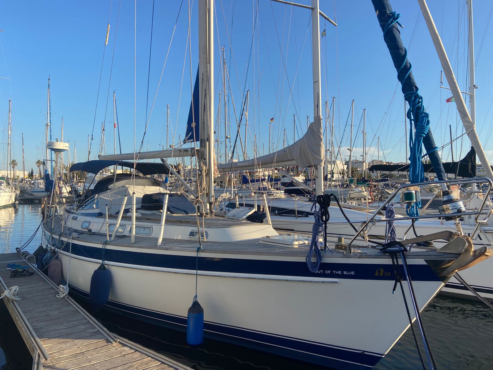 Hallberg Rassy 39 yacht moored up and ready for delivery to Kiel