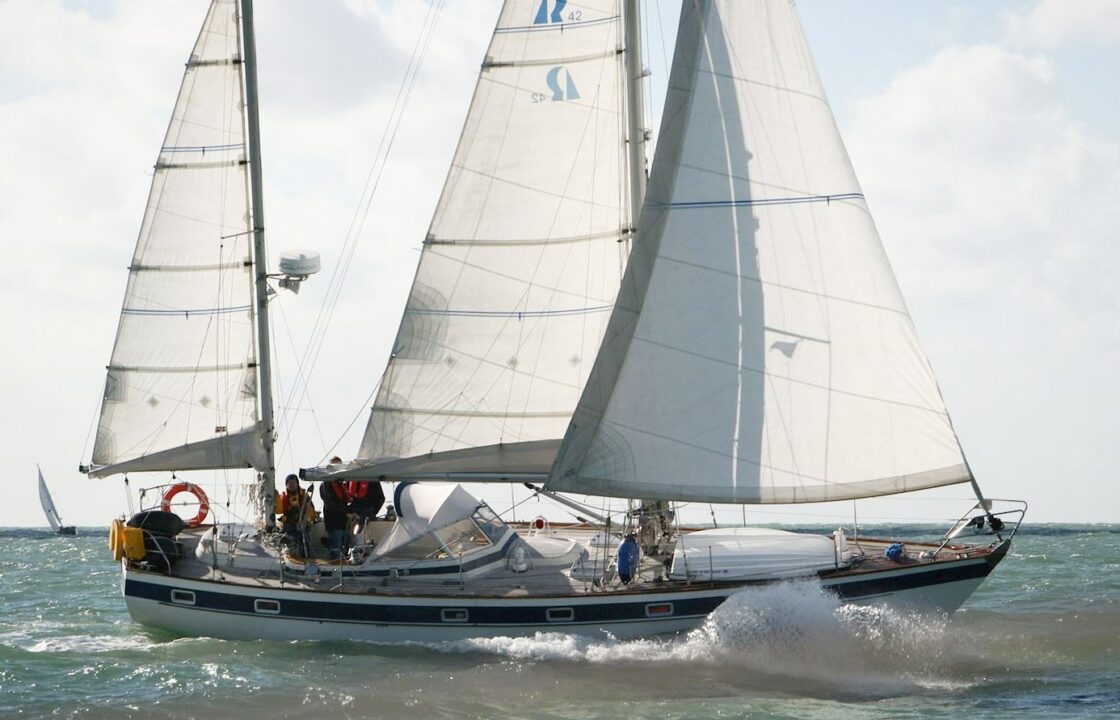 Hallberg Rassy 42 yacht sailing under full sail on delivery to Amsterdam