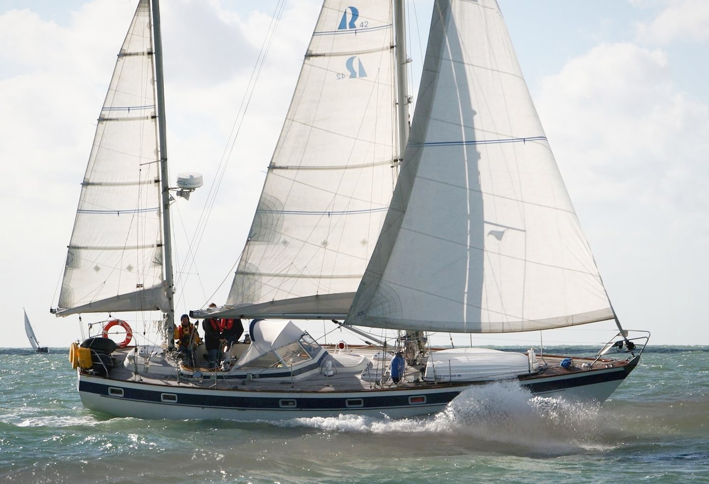Hallberg Rassy 42 yacht sailing under full sail on delivery to Amsterdam