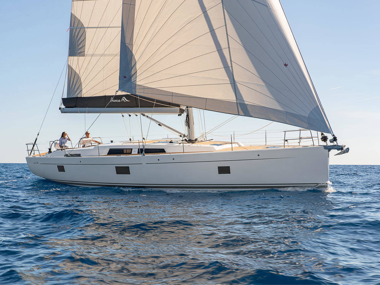 Hanse 508 yacht under full sail on delivery to Jersey