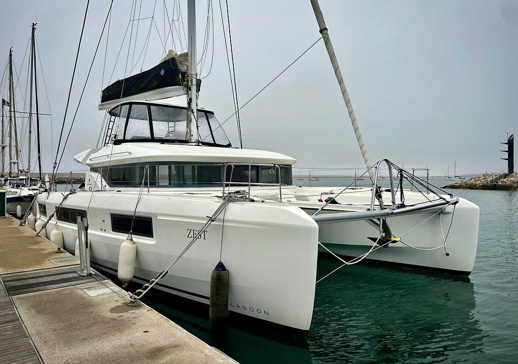 Lagoon 50 moored up in Portland after the yacht delivery from Cork