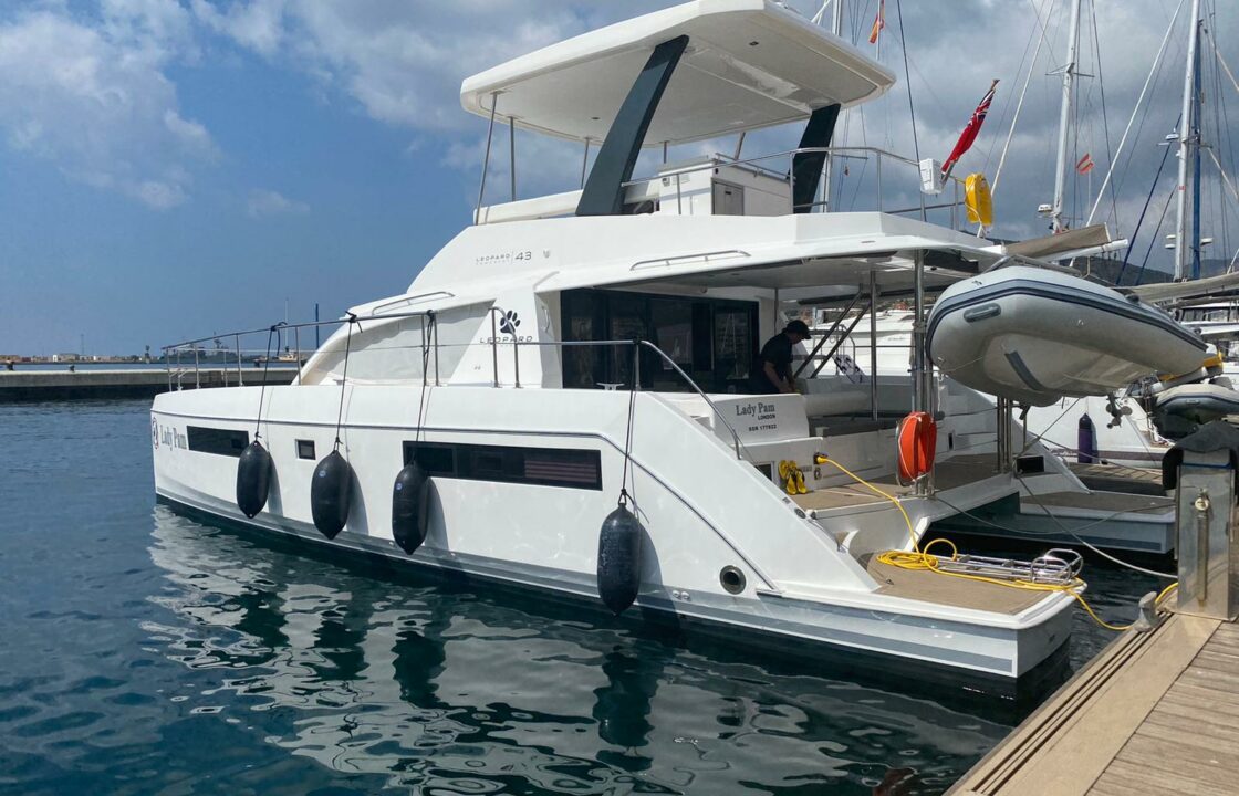 Leopard 43 power catamaran moored up and ready for delivery to Cartagena