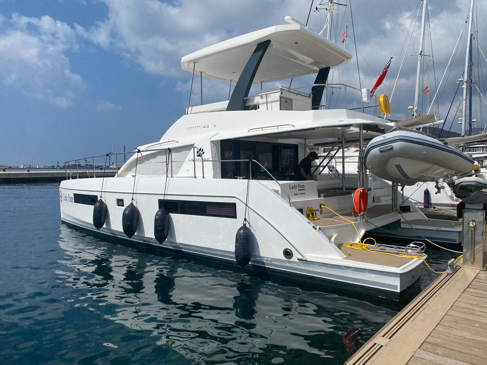 Leopard 43 power catamaran moored up and ready for delivery to Cartagena