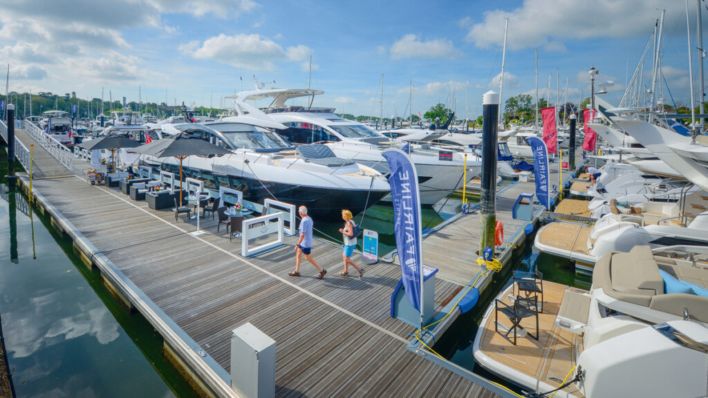 motorboats and flags at the British Motor Yacht Show