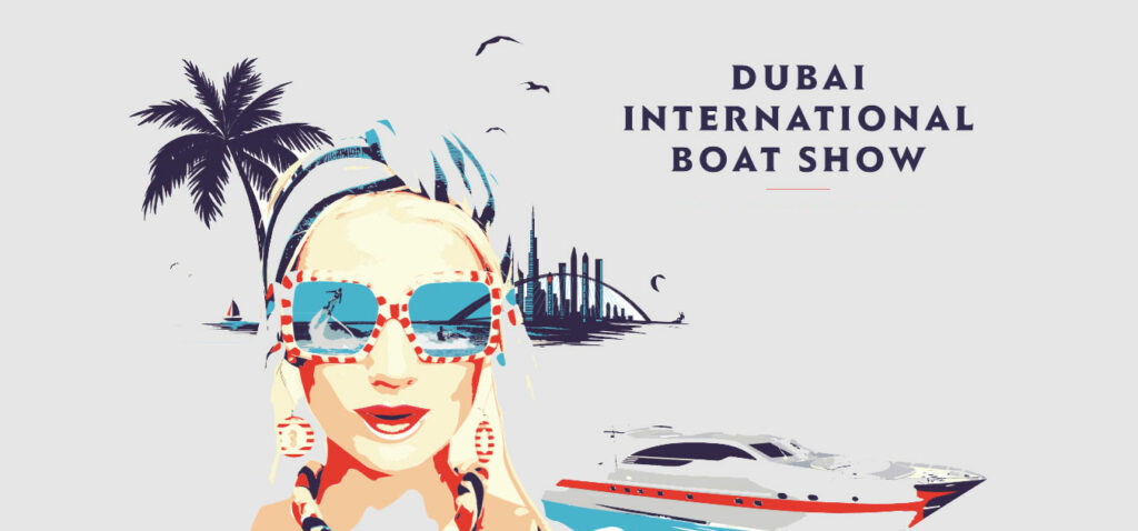 Dubai International Boat Show main banner with a superyacht and palm trees