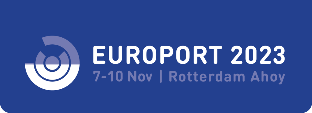 Europort 2023 boat show banner in blue and white