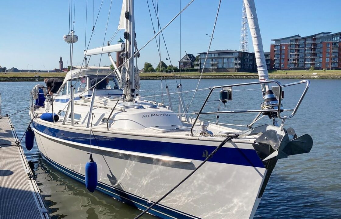 Hallberg Rassy 37 yacht moored up whislt on delivery to Ireland.