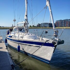 Hallberg Rassy 37 yacht moored up whislt on delivery to Ireland.