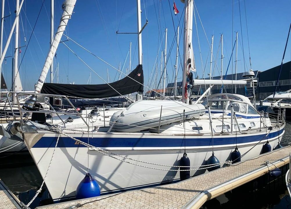 Hallberg Rassy 40 yacht moored up at Nova Yachting in the Netherlands after a delivery from SPain
