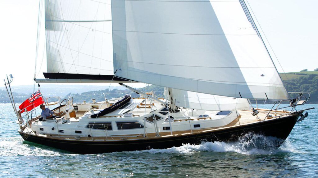 Rustler 44 yacht sailing on delivery from Falmouth to A Coruna