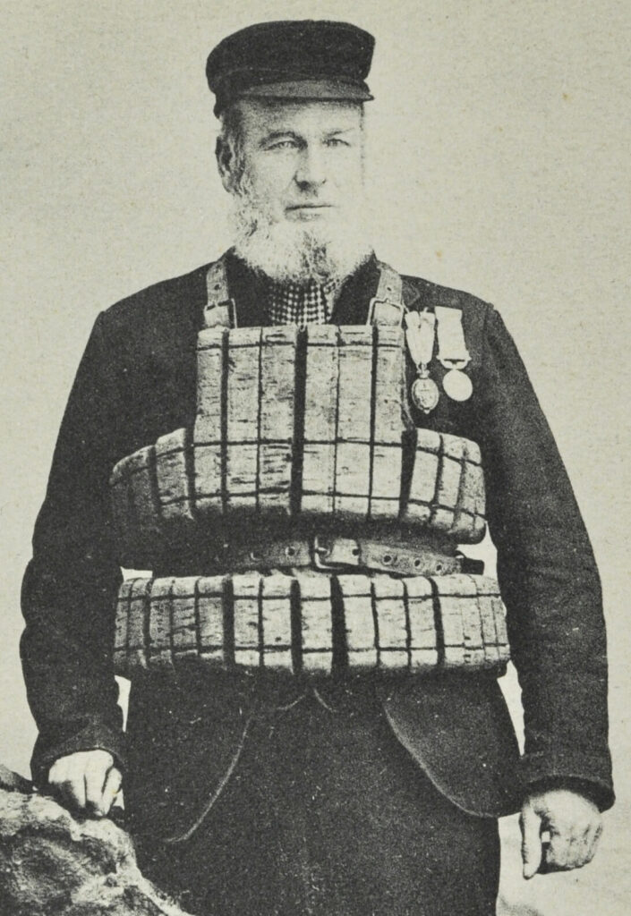 Black and white photo of one of the earliest cork lifejackets